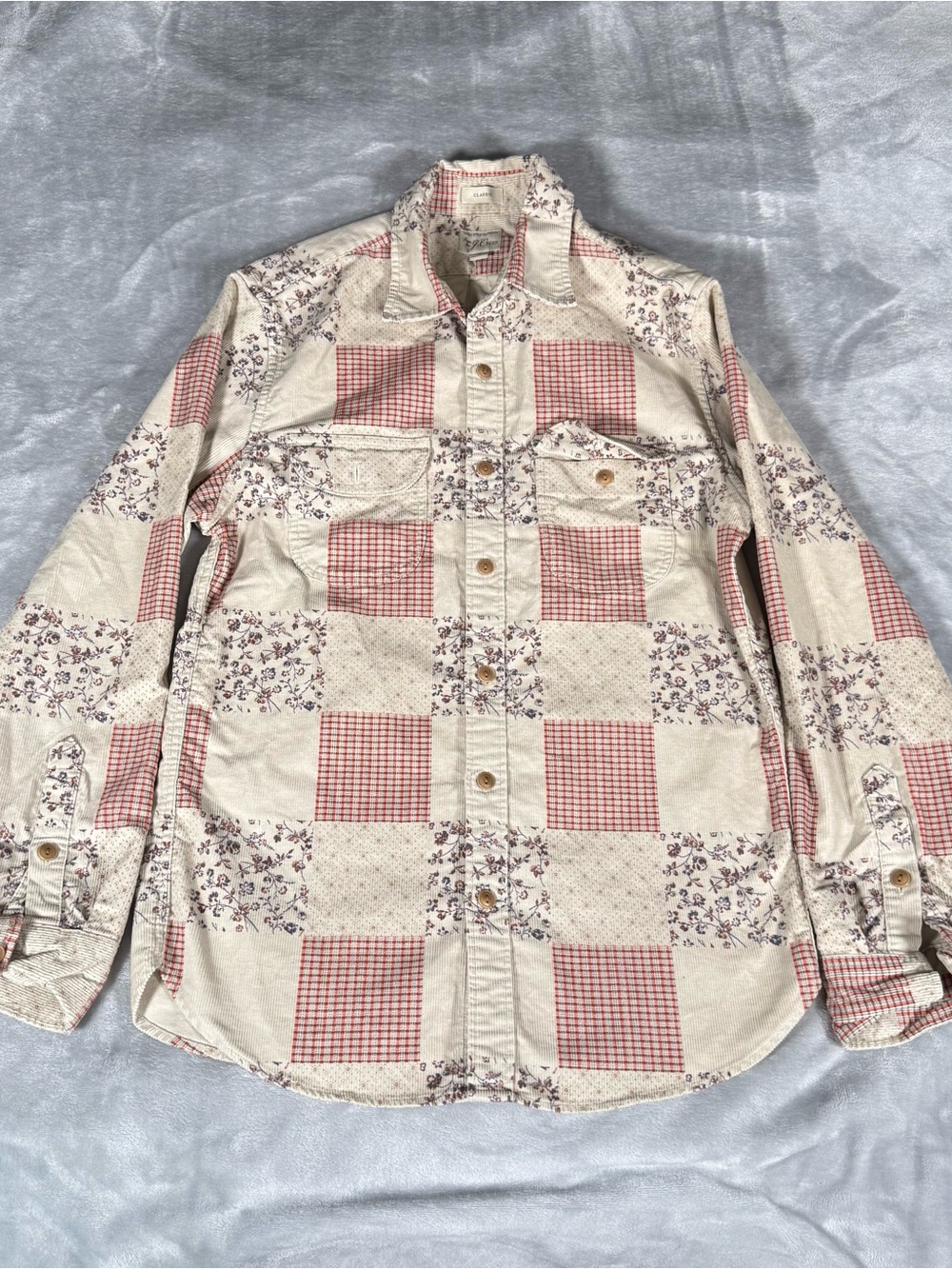 J Crew Patchwork Print Corduroy Button Up Shirt Mens S Classic Fit Floral Tan